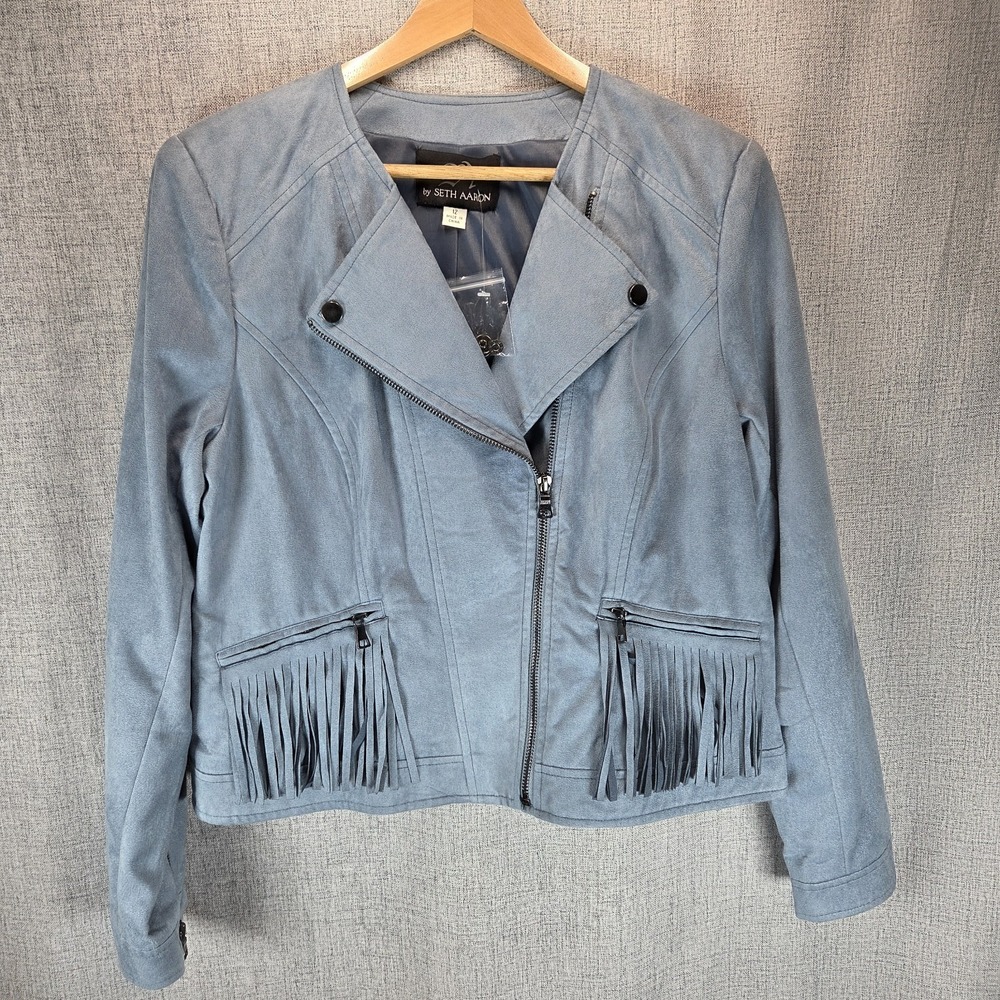 Women's Faux Suede Seth Aaron Cropped Blue Moto 90's Jacket Fringe Sz.12 Retro